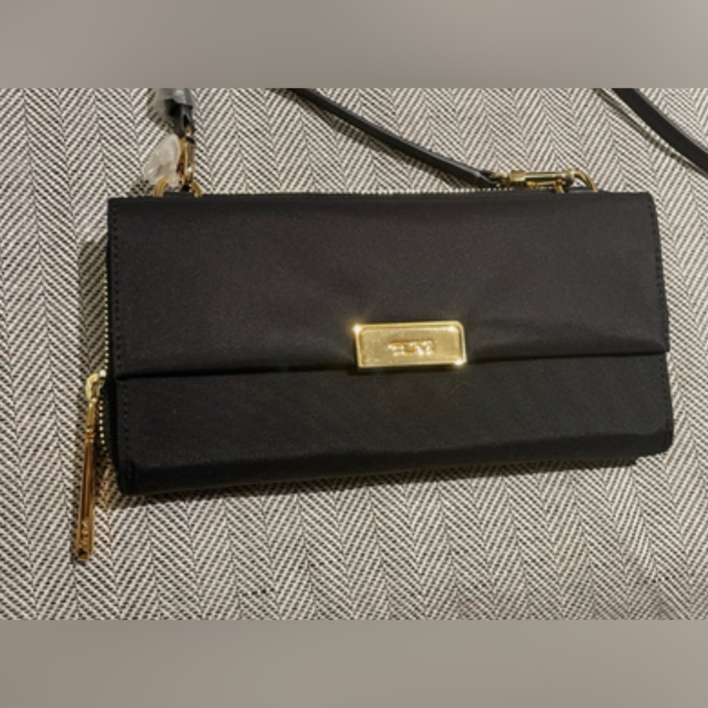 Tumi Black Nylon Clutch Wristlet with Gold Hardware